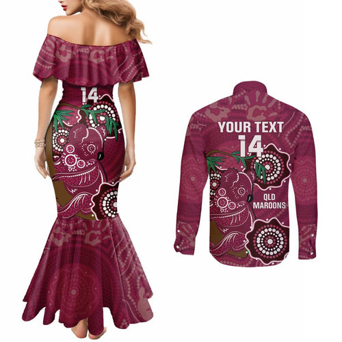 Custom Queensland Maroons Rugby Couples Matching Mermaid Dress and Long Sleeve Button Shirt 2024 Koala Mix Aboriginal Art