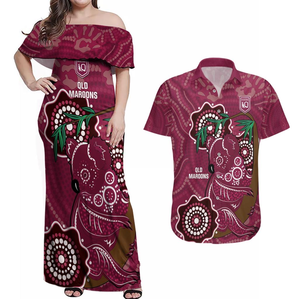 Custom Queensland Maroons Rugby Couples Matching Off Shoulder Maxi Dress and Hawaiian Shirt 2024 Koala Mix Aboriginal Art
