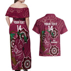 Custom Queensland Maroons Rugby Couples Matching Off Shoulder Maxi Dress and Hawaiian Shirt 2024 Koala Mix Aboriginal Art