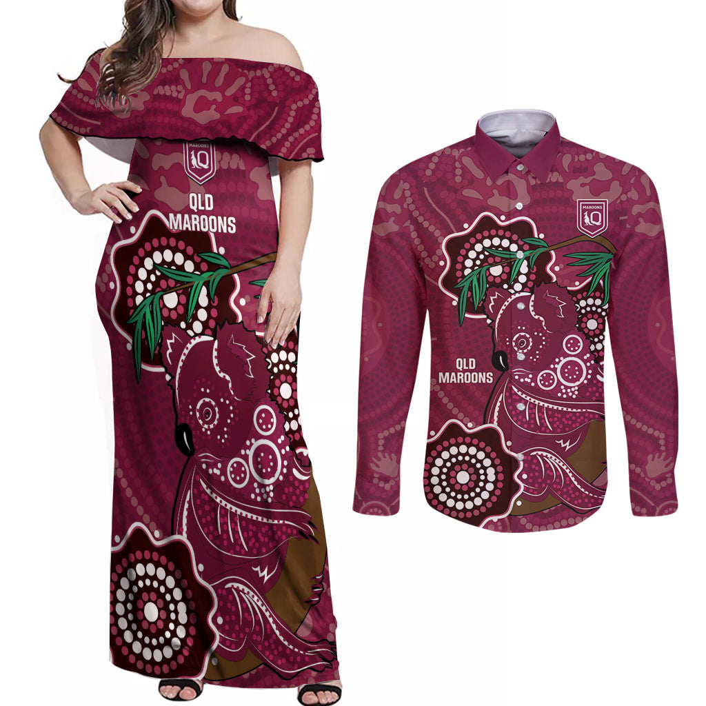 Custom Queensland Maroons Rugby Couples Matching Off Shoulder Maxi Dress and Long Sleeve Button Shirt 2024 Koala Mix Aboriginal Art