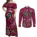 Custom Queensland Maroons Rugby Couples Matching Off Shoulder Maxi Dress and Long Sleeve Button Shirt 2024 Koala Mix Aboriginal Art