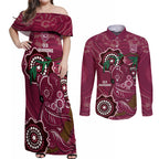 Custom Queensland Maroons Rugby Couples Matching Off Shoulder Maxi Dress and Long Sleeve Button Shirt 2024 Koala Mix Aboriginal Art