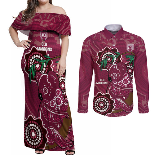 Custom Queensland Maroons Rugby Couples Matching Off Shoulder Maxi Dress and Long Sleeve Button Shirt 2024 Koala Mix Aboriginal Art