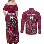 Custom Queensland Maroons Rugby Couples Matching Off Shoulder Maxi Dress and Long Sleeve Button Shirt 2024 Koala Mix Aboriginal Art