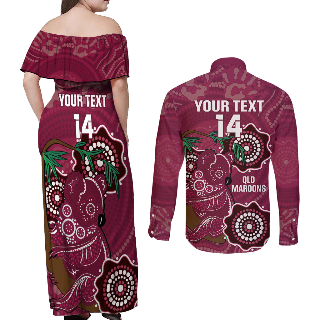 Custom Queensland Maroons Rugby Couples Matching Off Shoulder Maxi Dress and Long Sleeve Button Shirt 2024 Koala Mix Aboriginal Art