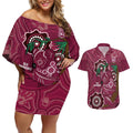 Custom Queensland Maroons Rugby Couples Matching Off Shoulder Short Dress and Hawaiian Shirt 2024 Koala Mix Aboriginal Art