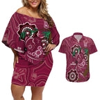 Custom Queensland Maroons Rugby Couples Matching Off Shoulder Short Dress and Hawaiian Shirt 2024 Koala Mix Aboriginal Art