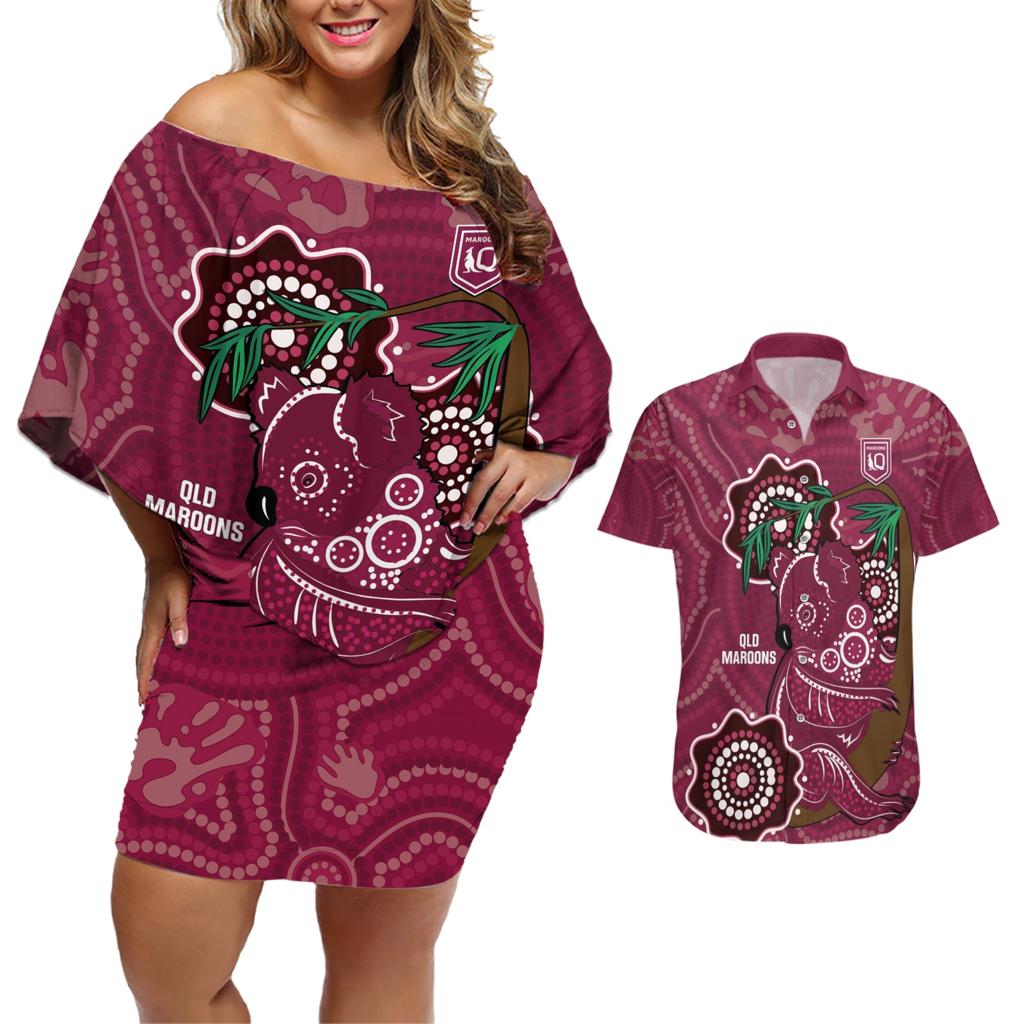 Custom Queensland Maroons Rugby Couples Matching Off Shoulder Short Dress and Hawaiian Shirt 2024 Koala Mix Aboriginal Art