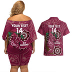 Custom Queensland Maroons Rugby Couples Matching Off Shoulder Short Dress and Hawaiian Shirt 2024 Koala Mix Aboriginal Art