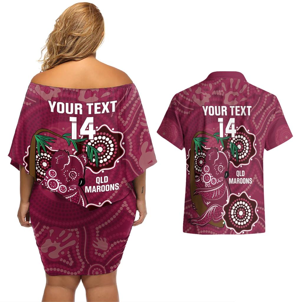 Custom Queensland Maroons Rugby Couples Matching Off Shoulder Short Dress and Hawaiian Shirt 2024 Koala Mix Aboriginal Art