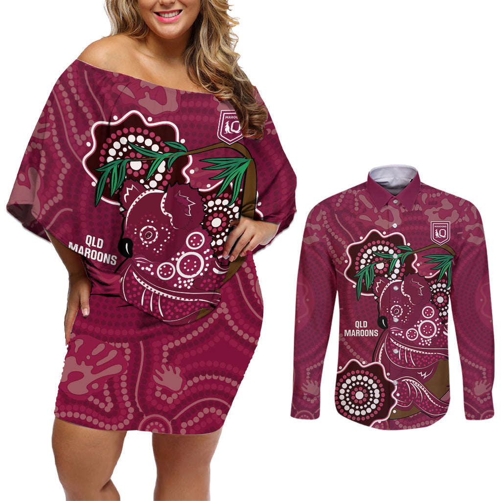 Custom Queensland Maroons Rugby Couples Matching Off Shoulder Short Dress and Long Sleeve Button Shirt 2024 Koala Mix Aboriginal Art