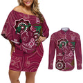 Custom Queensland Maroons Rugby Couples Matching Off Shoulder Short Dress and Long Sleeve Button Shirt 2024 Koala Mix Aboriginal Art