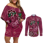 Custom Queensland Maroons Rugby Couples Matching Off Shoulder Short Dress and Long Sleeve Button Shirt 2024 Koala Mix Aboriginal Art