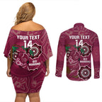 Custom Queensland Maroons Rugby Couples Matching Off Shoulder Short Dress and Long Sleeve Button Shirt 2024 Koala Mix Aboriginal Art