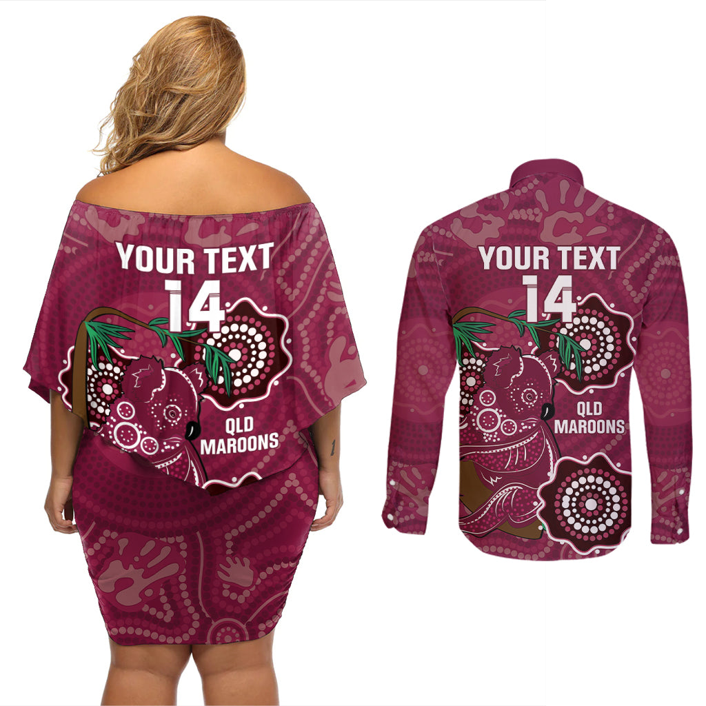 Custom Queensland Maroons Rugby Couples Matching Off Shoulder Short Dress and Long Sleeve Button Shirt 2024 Koala Mix Aboriginal Art