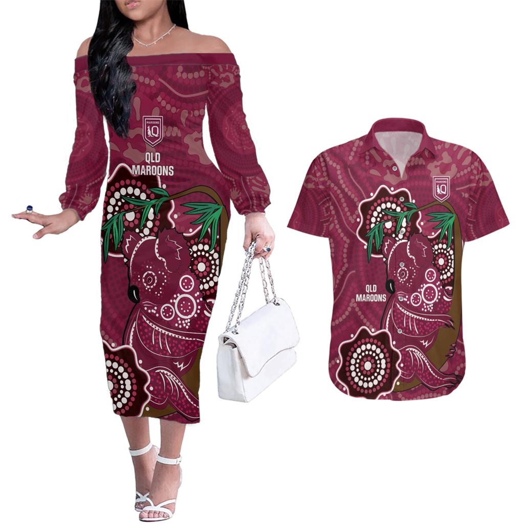 Custom Queensland Maroons Rugby Couples Matching Off The Shoulder Long Sleeve Dress and Hawaiian Shirt 2024 Koala Mix Aboriginal Art