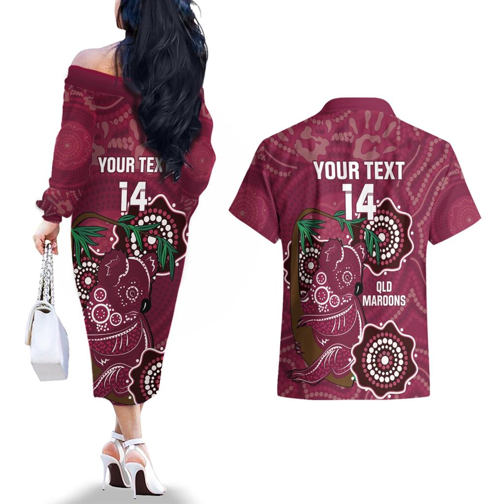 Custom Queensland Maroons Rugby Couples Matching Off The Shoulder Long Sleeve Dress and Hawaiian Shirt 2024 Koala Mix Aboriginal Art