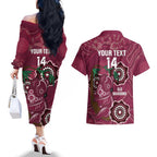 Custom Queensland Maroons Rugby Couples Matching Off The Shoulder Long Sleeve Dress and Hawaiian Shirt 2024 Koala Mix Aboriginal Art