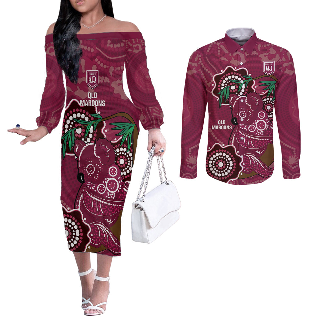 Custom Queensland Maroons Rugby Couples Matching Off The Shoulder Long Sleeve Dress and Long Sleeve Button Shirt 2024 Koala Mix Aboriginal Art