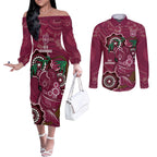 Custom Queensland Maroons Rugby Couples Matching Off The Shoulder Long Sleeve Dress and Long Sleeve Button Shirt 2024 Koala Mix Aboriginal Art
