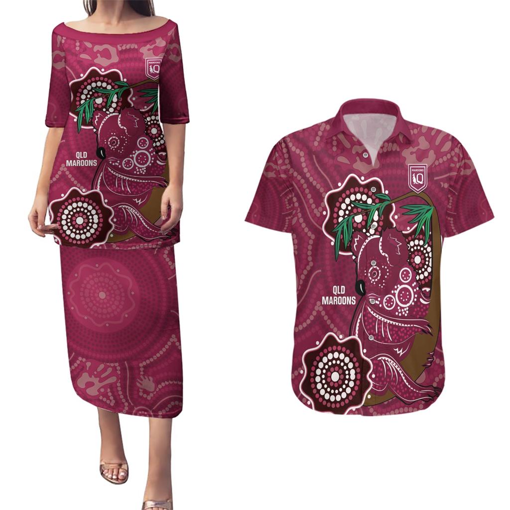 Custom Queensland Maroons Rugby Couples Matching Puletasi and Hawaiian Shirt 2024 Koala Mix Aboriginal Art