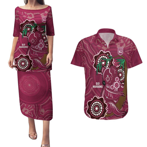 Custom Queensland Maroons Rugby Couples Matching Puletasi and Hawaiian Shirt 2024 Koala Mix Aboriginal Art