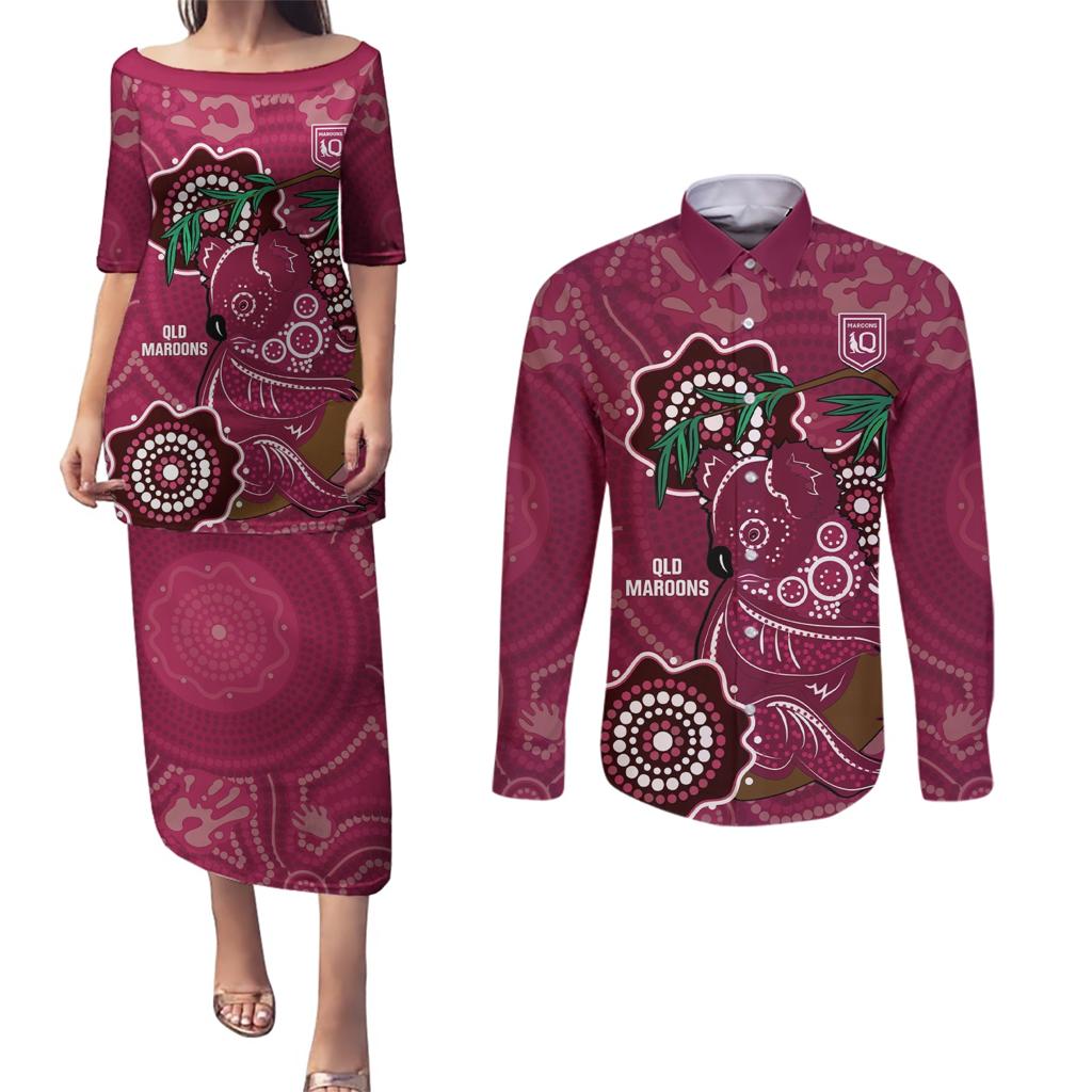 Custom Queensland Maroons Rugby Couples Matching Puletasi and Long Sleeve Button Shirt 2024 Koala Mix Aboriginal Art