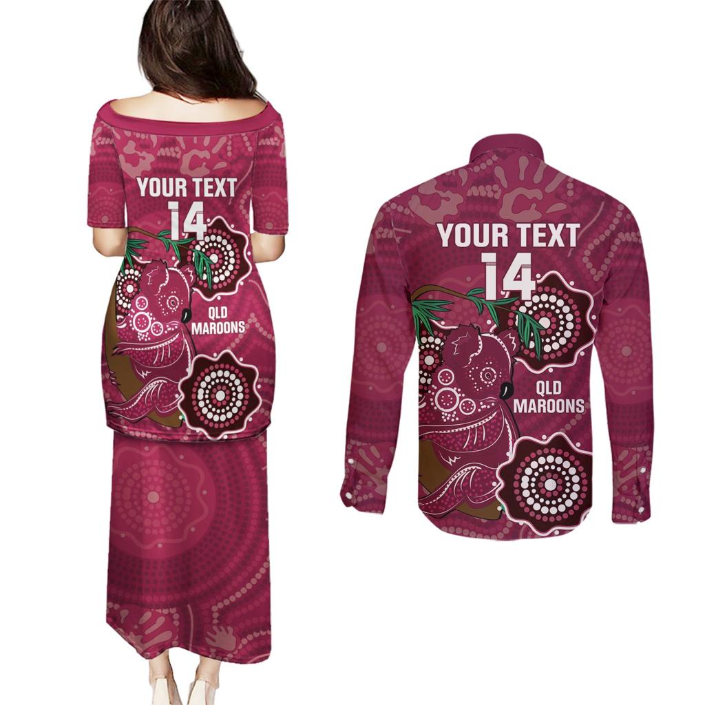 Custom Queensland Maroons Rugby Couples Matching Puletasi and Long Sleeve Button Shirt 2024 Koala Mix Aboriginal Art