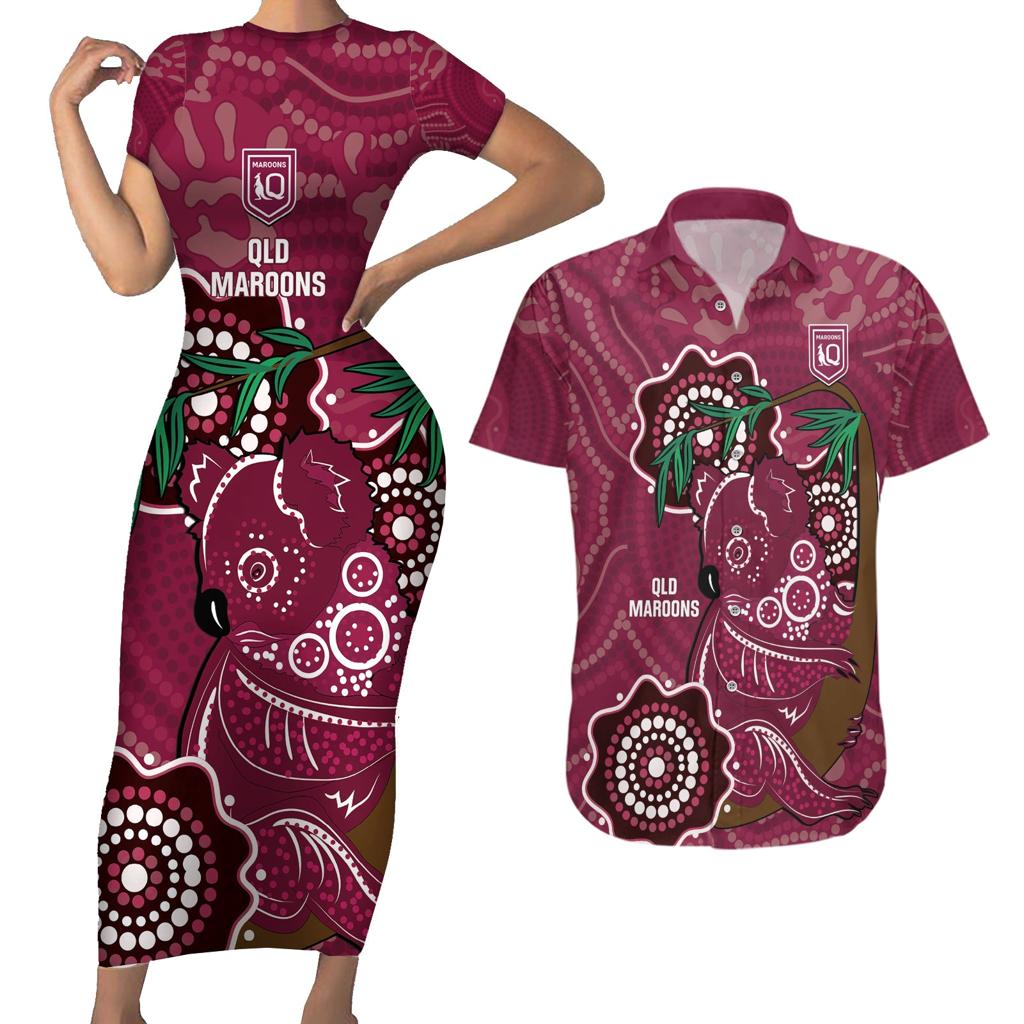 Custom Queensland Maroons Rugby Couples Matching Short Sleeve Bodycon Dress and Hawaiian Shirt 2024 Koala Mix Aboriginal Art