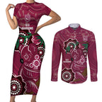 Custom Queensland Maroons Rugby Couples Matching Short Sleeve Bodycon Dress and Long Sleeve Button Shirt 2024 Koala Mix Aboriginal Art