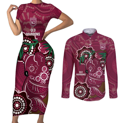 Custom Queensland Maroons Rugby Couples Matching Short Sleeve Bodycon Dress and Long Sleeve Button Shirt 2024 Koala Mix Aboriginal Art
