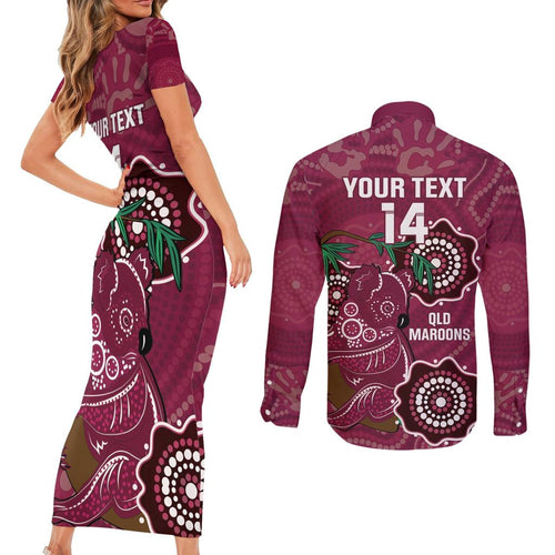 Custom Queensland Maroons Rugby Couples Matching Short Sleeve Bodycon Dress and Long Sleeve Button Shirt 2024 Koala Mix Aboriginal Art
