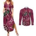 Custom Queensland Maroons Rugby Couples Matching Summer Maxi Dress and Long Sleeve Button Shirt 2024 Koala Mix Aboriginal Art