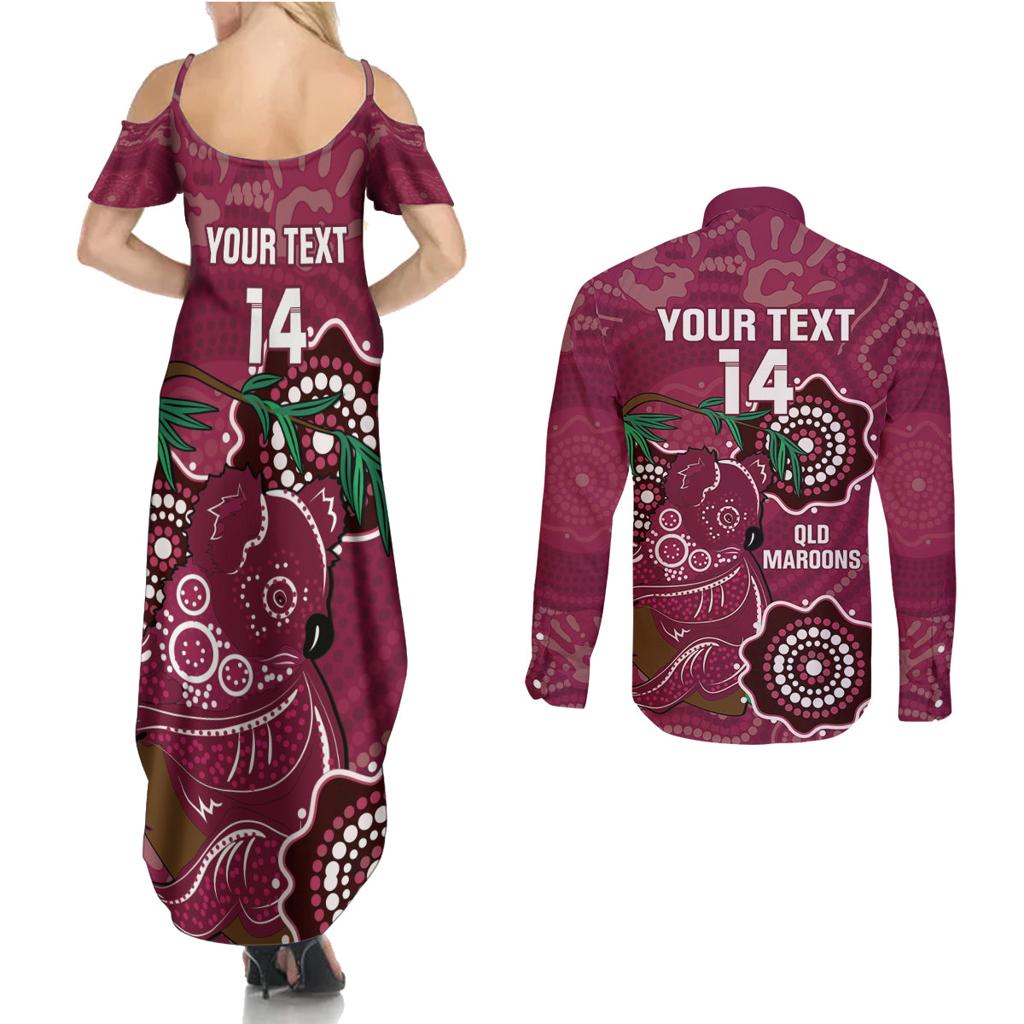 Custom Queensland Maroons Rugby Couples Matching Summer Maxi Dress and Long Sleeve Button Shirt 2024 Koala Mix Aboriginal Art