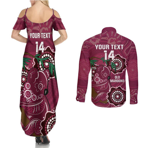 Custom Queensland Maroons Rugby Couples Matching Summer Maxi Dress and Long Sleeve Button Shirt 2024 Koala Mix Aboriginal Art