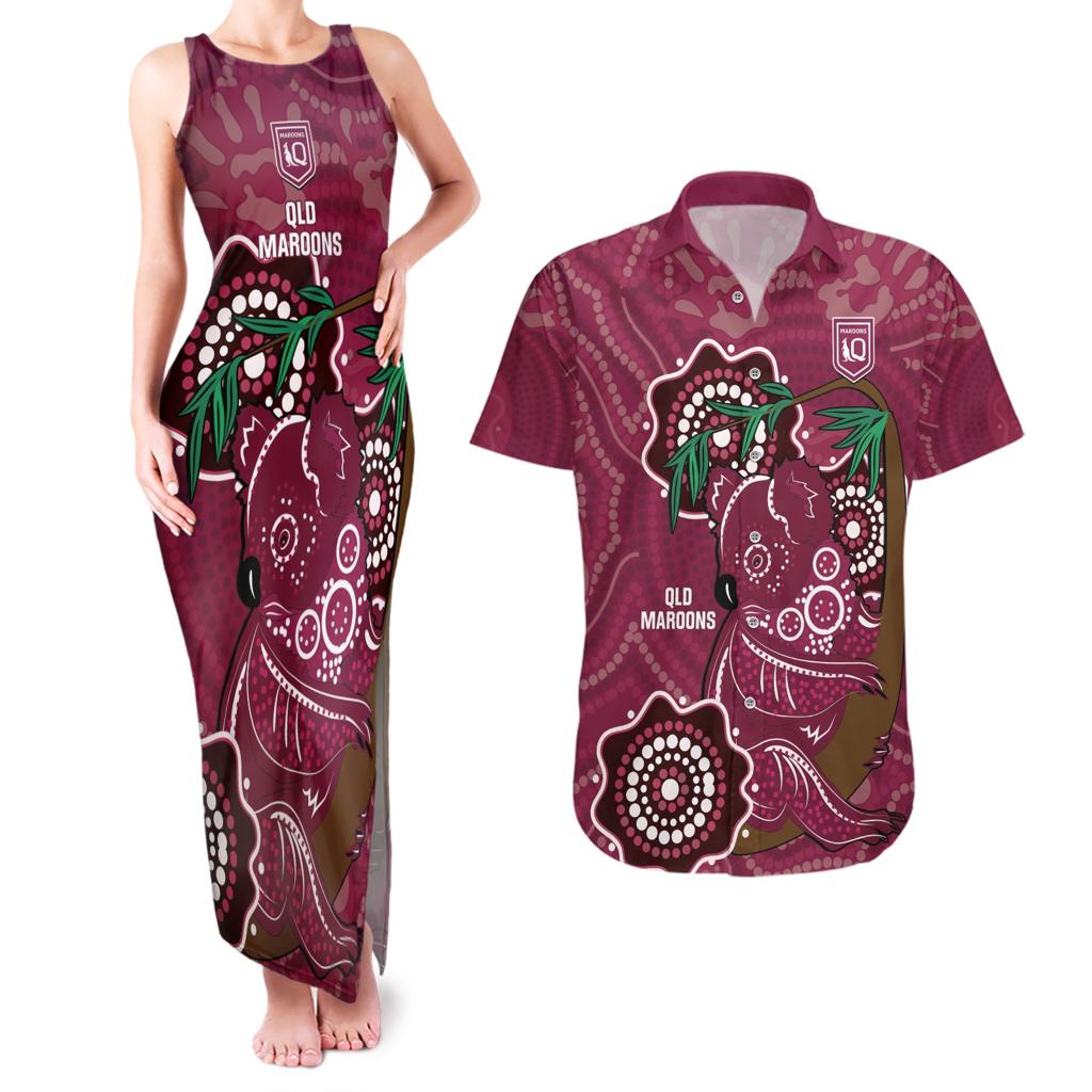 Custom Queensland Maroons Rugby Couples Matching Tank Maxi Dress and Hawaiian Shirt 2024 Koala Mix Aboriginal Art