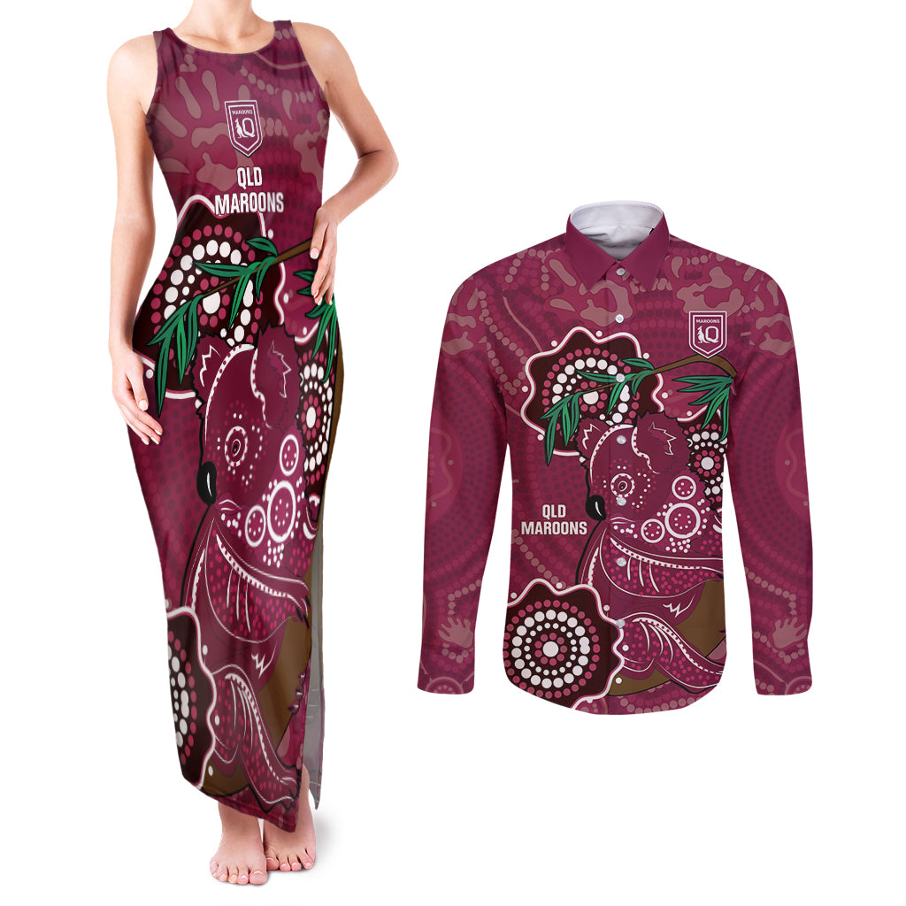 Custom Queensland Maroons Rugby Couples Matching Tank Maxi Dress and Long Sleeve Button Shirt 2024 Koala Mix Aboriginal Art