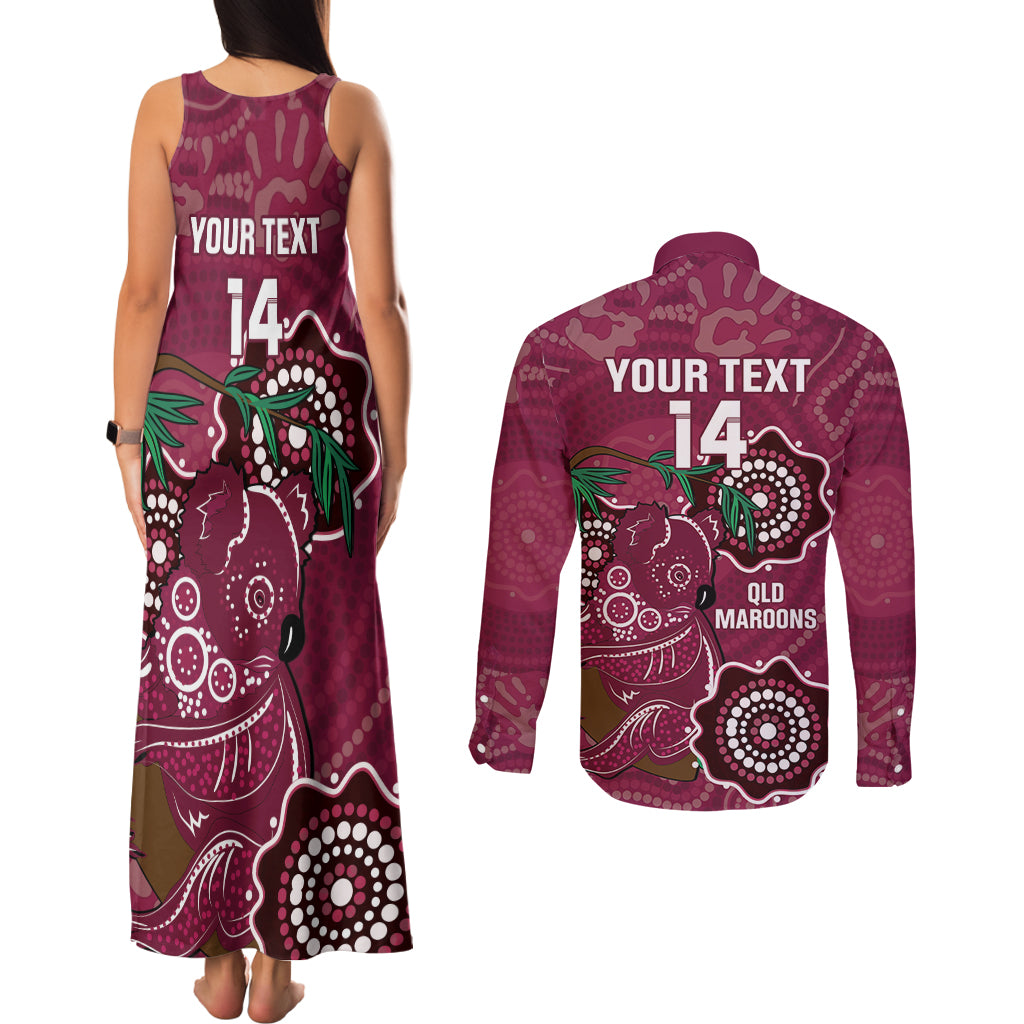 Custom Queensland Maroons Rugby Couples Matching Tank Maxi Dress and Long Sleeve Button Shirt 2024 Koala Mix Aboriginal Art