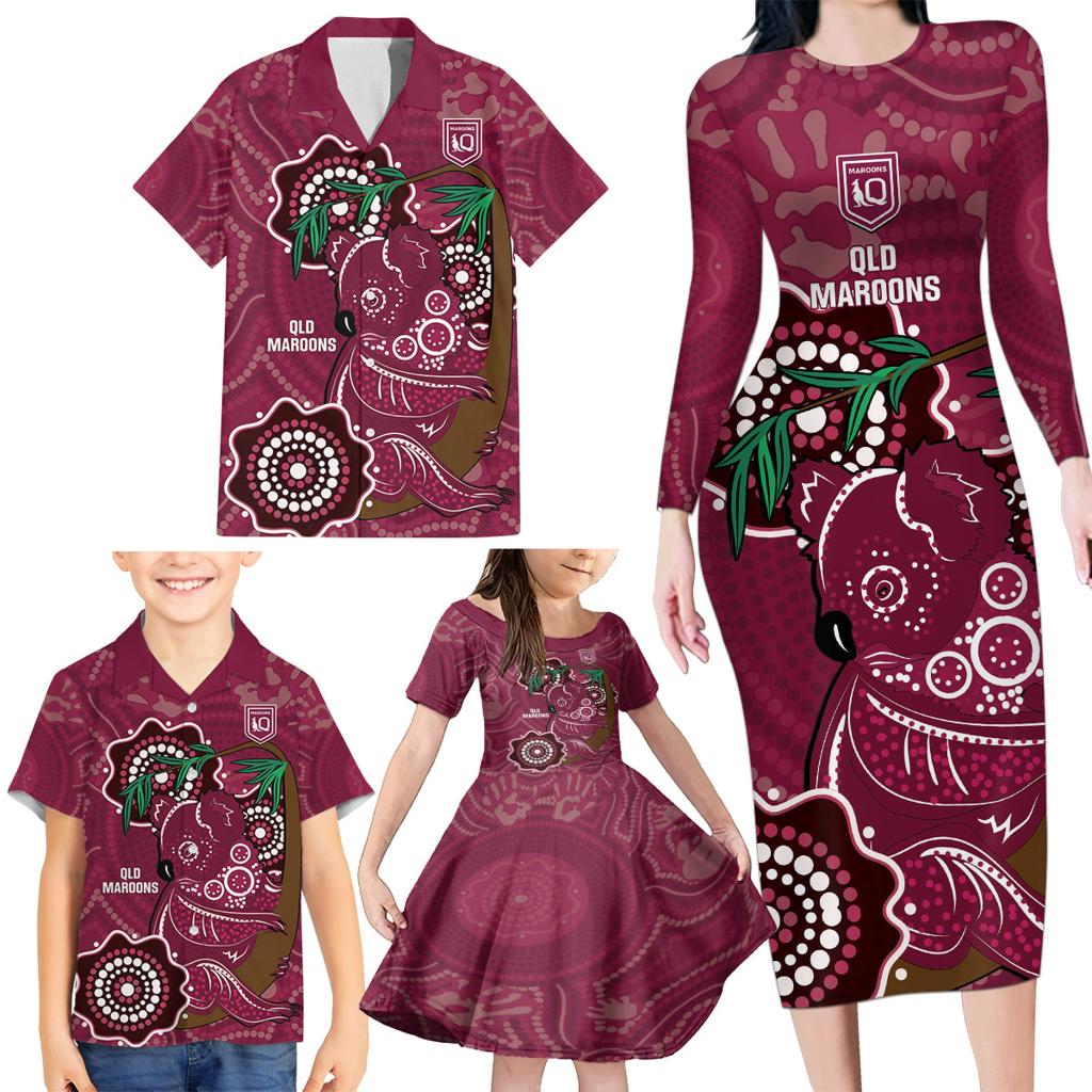 Custom Queensland Maroons Rugby Family Matching Long Sleeve Bodycon Dress and Hawaiian Shirt 2024 Koala Mix Aboriginal Art