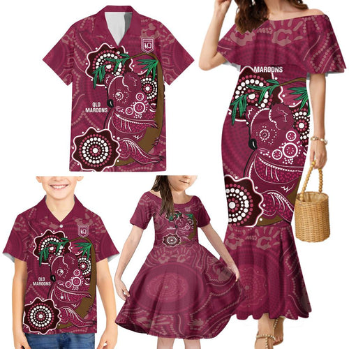 Custom Queensland Maroons Rugby Family Matching Mermaid Dress and Hawaiian Shirt 2024 Koala Mix Aboriginal Art