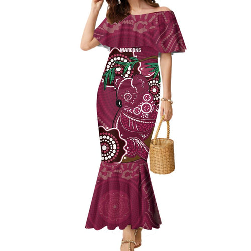 Custom Queensland Maroons Rugby Family Matching Mermaid Dress and Hawaiian Shirt 2024 Koala Mix Aboriginal Art