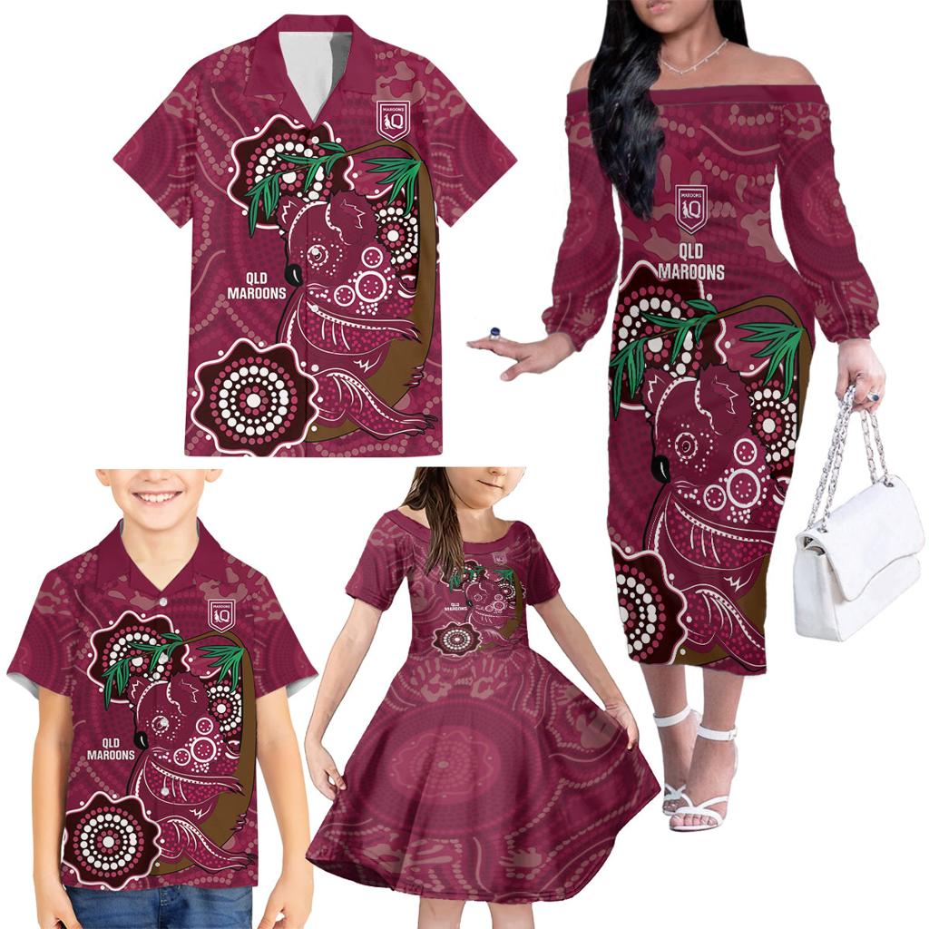 Custom Queensland Maroons Rugby Family Matching Off The Shoulder Long Sleeve Dress and Hawaiian Shirt 2024 Koala Mix Aboriginal Art