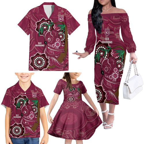 Custom Queensland Maroons Rugby Family Matching Off The Shoulder Long Sleeve Dress and Hawaiian Shirt 2024 Koala Mix Aboriginal Art