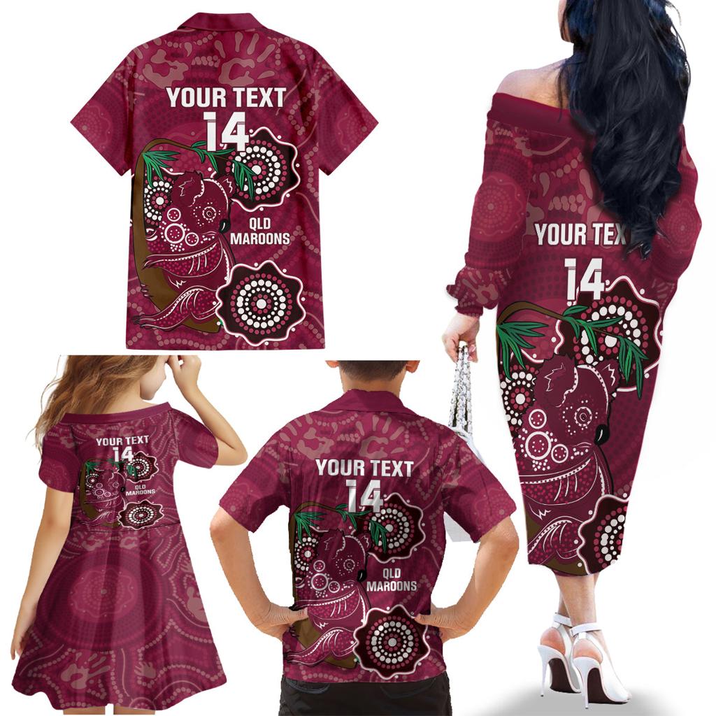 Custom Queensland Maroons Rugby Family Matching Off The Shoulder Long Sleeve Dress and Hawaiian Shirt 2024 Koala Mix Aboriginal Art