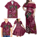 Custom Queensland Maroons Rugby Family Matching Off Shoulder Maxi Dress and Hawaiian Shirt 2024 Koala Mix Aboriginal Art