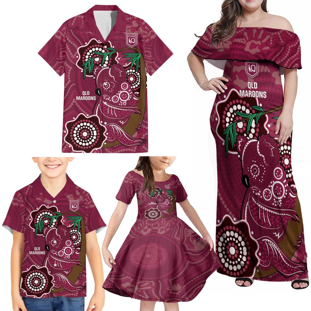 Custom Queensland Maroons Rugby Family Matching Off Shoulder Maxi Dress and Hawaiian Shirt 2024 Koala Mix Aboriginal Art