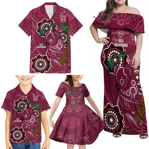 Custom Queensland Maroons Rugby Family Matching Off Shoulder Maxi Dress and Hawaiian Shirt 2024 Koala Mix Aboriginal Art