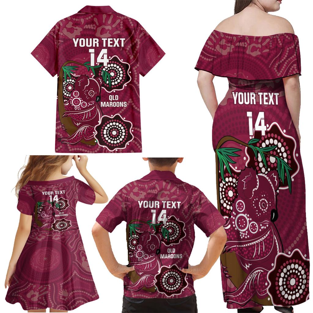Custom Queensland Maroons Rugby Family Matching Off Shoulder Maxi Dress and Hawaiian Shirt 2024 Koala Mix Aboriginal Art