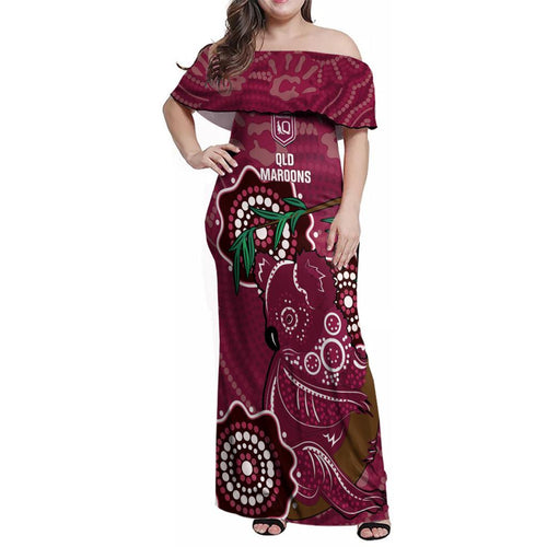 Custom Queensland Maroons Rugby Family Matching Off Shoulder Maxi Dress and Hawaiian Shirt 2024 Koala Mix Aboriginal Art