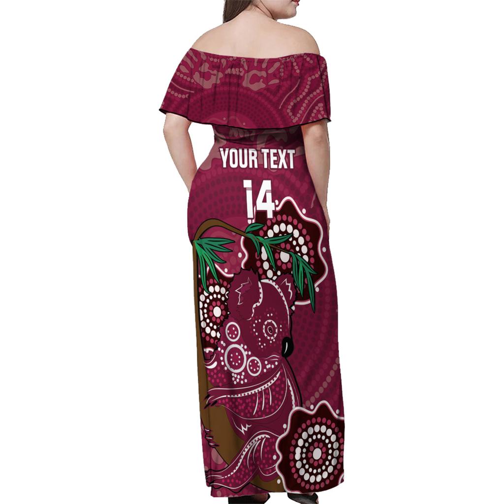 Custom Queensland Maroons Rugby Family Matching Off Shoulder Maxi Dress and Hawaiian Shirt 2024 Koala Mix Aboriginal Art